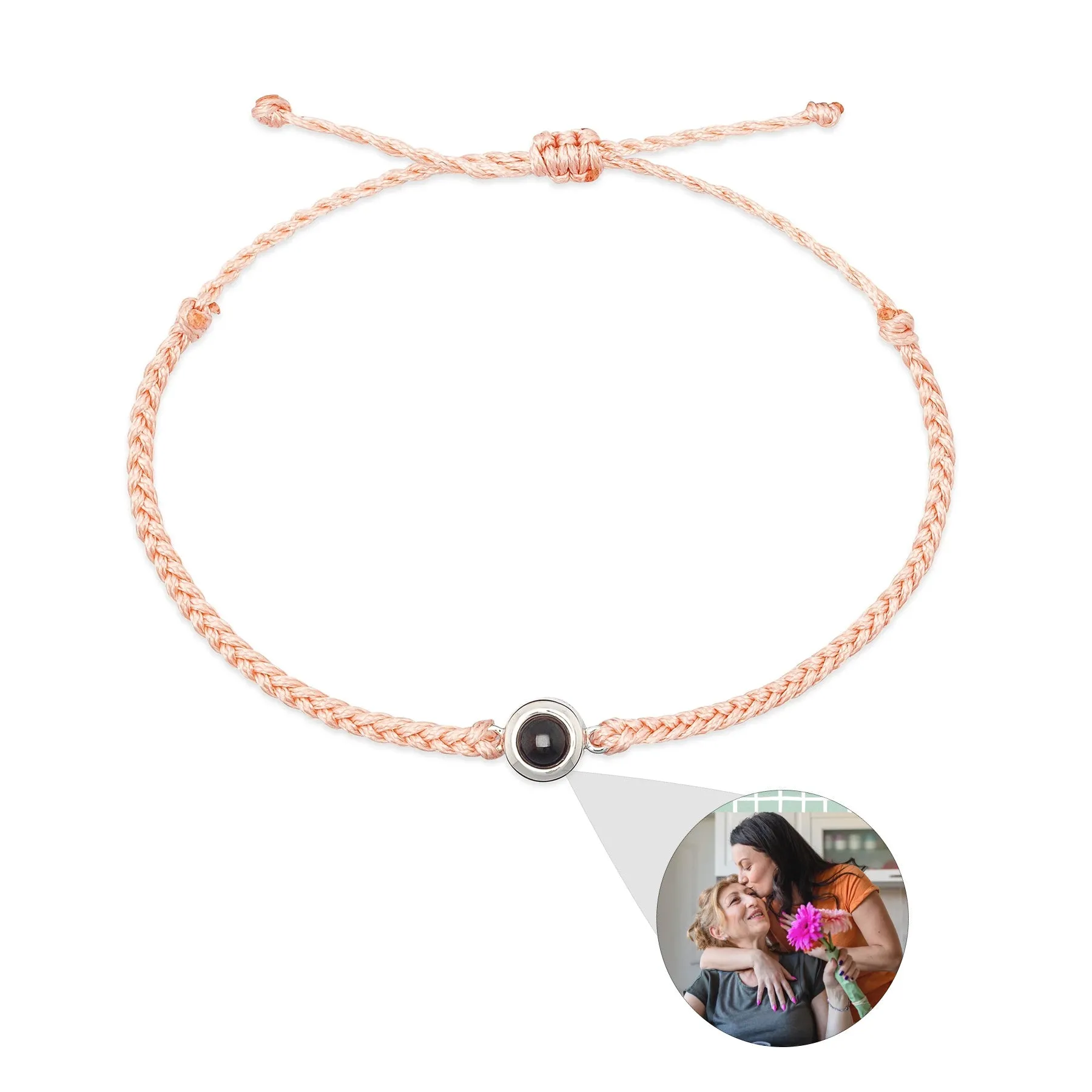 Handcrafted custom photo projection bracelet in silver with white rope, featuring alloy pendant with gold-plated inlaid artificial gemstones