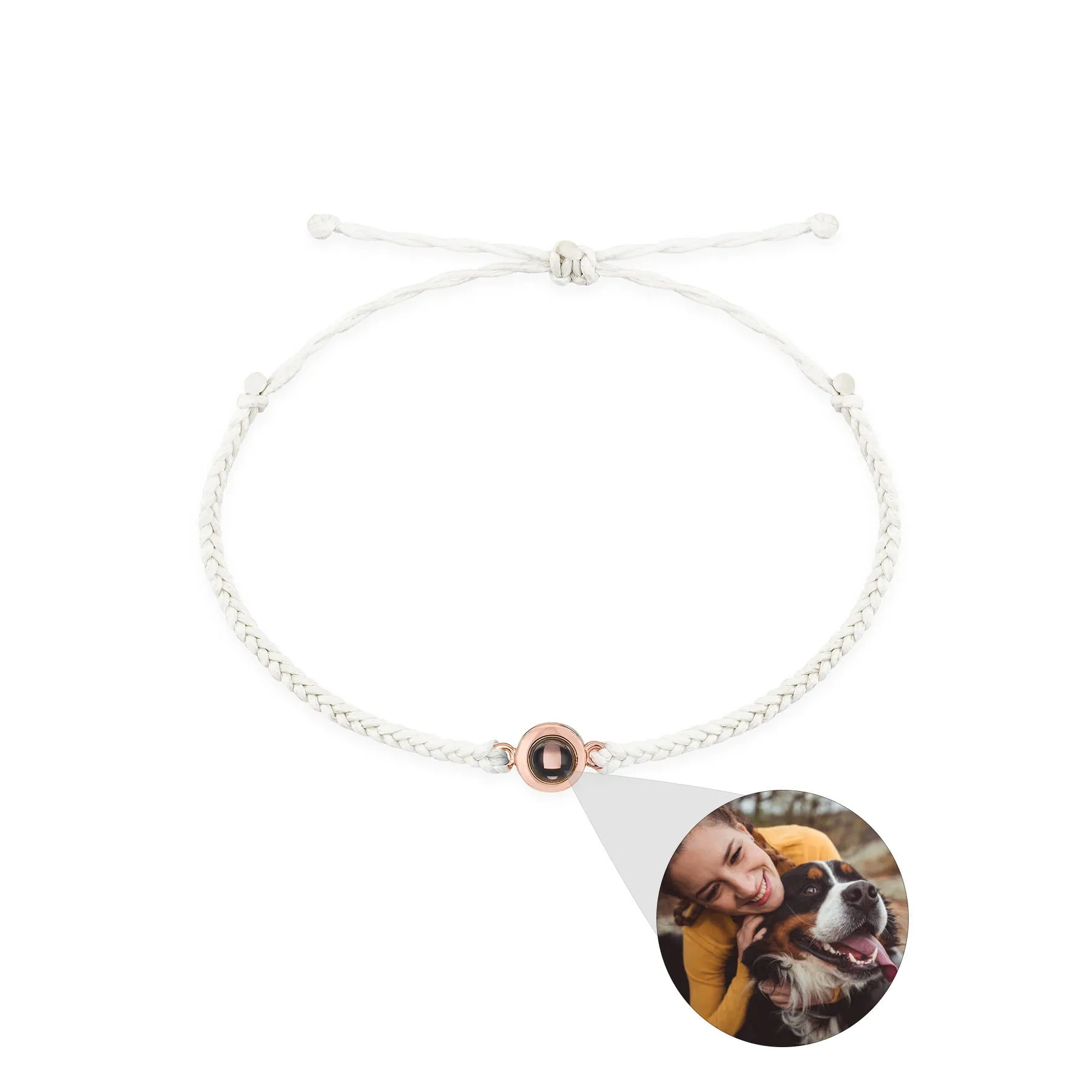 Handcrafted custom photo projection bracelet in silver with white rope, featuring alloy pendant with gold-plated inlaid artificial gemstones