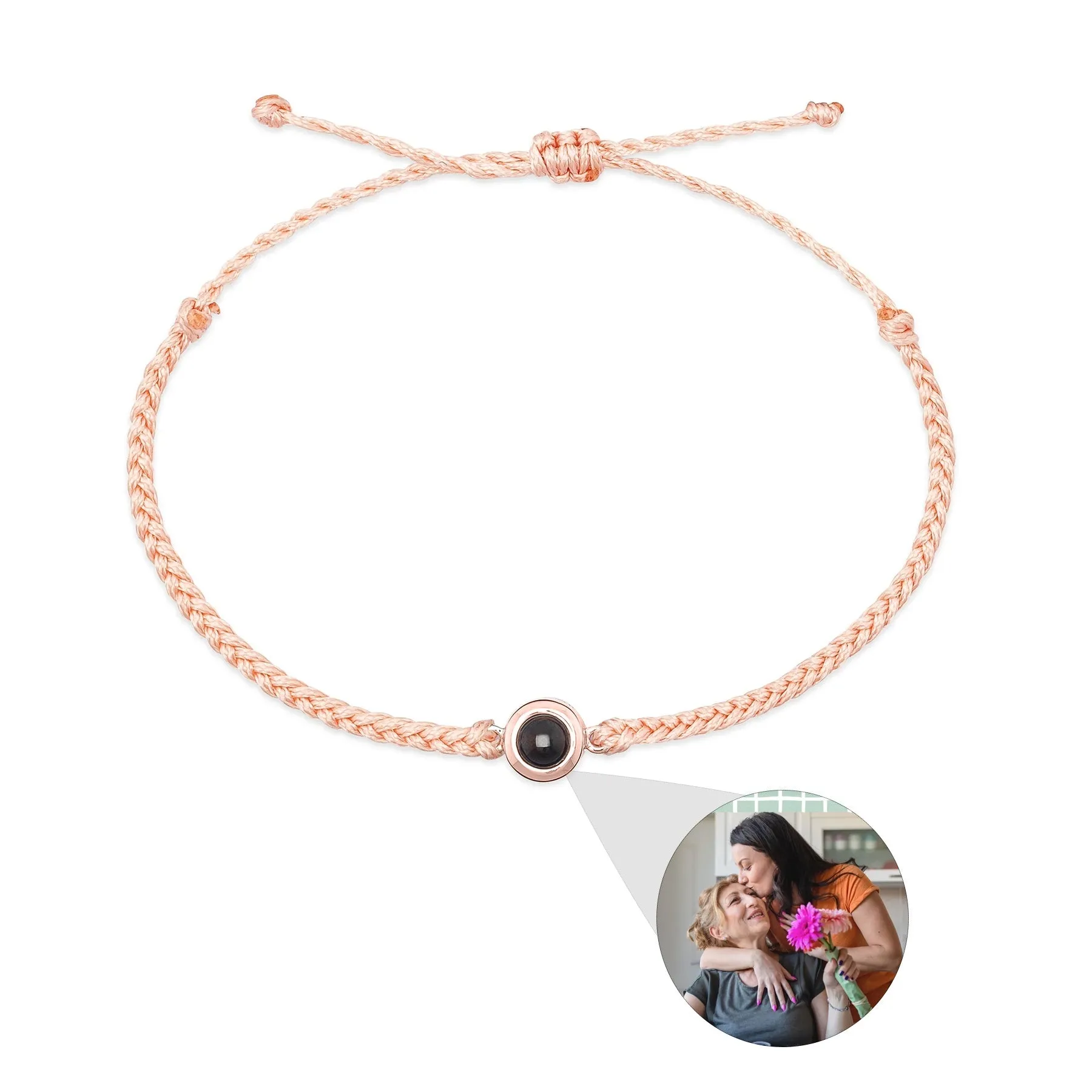 Handcrafted custom photo projection bracelet in silver with white rope, featuring alloy pendant with gold-plated inlaid artificial gemstones