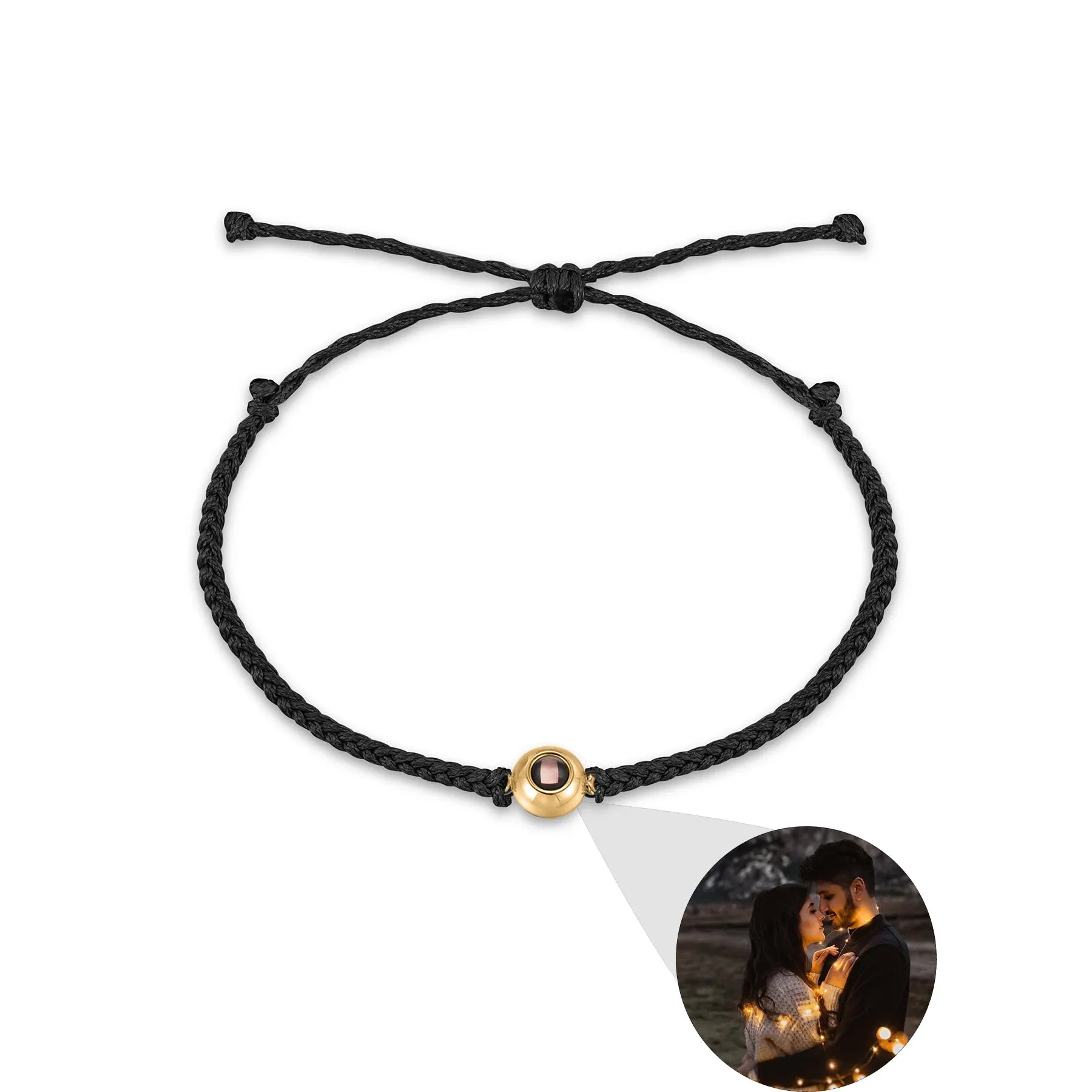 Handcrafted custom photo projection bracelet in silver with white rope, featuring alloy pendant with gold-plated inlaid artificial gemstones