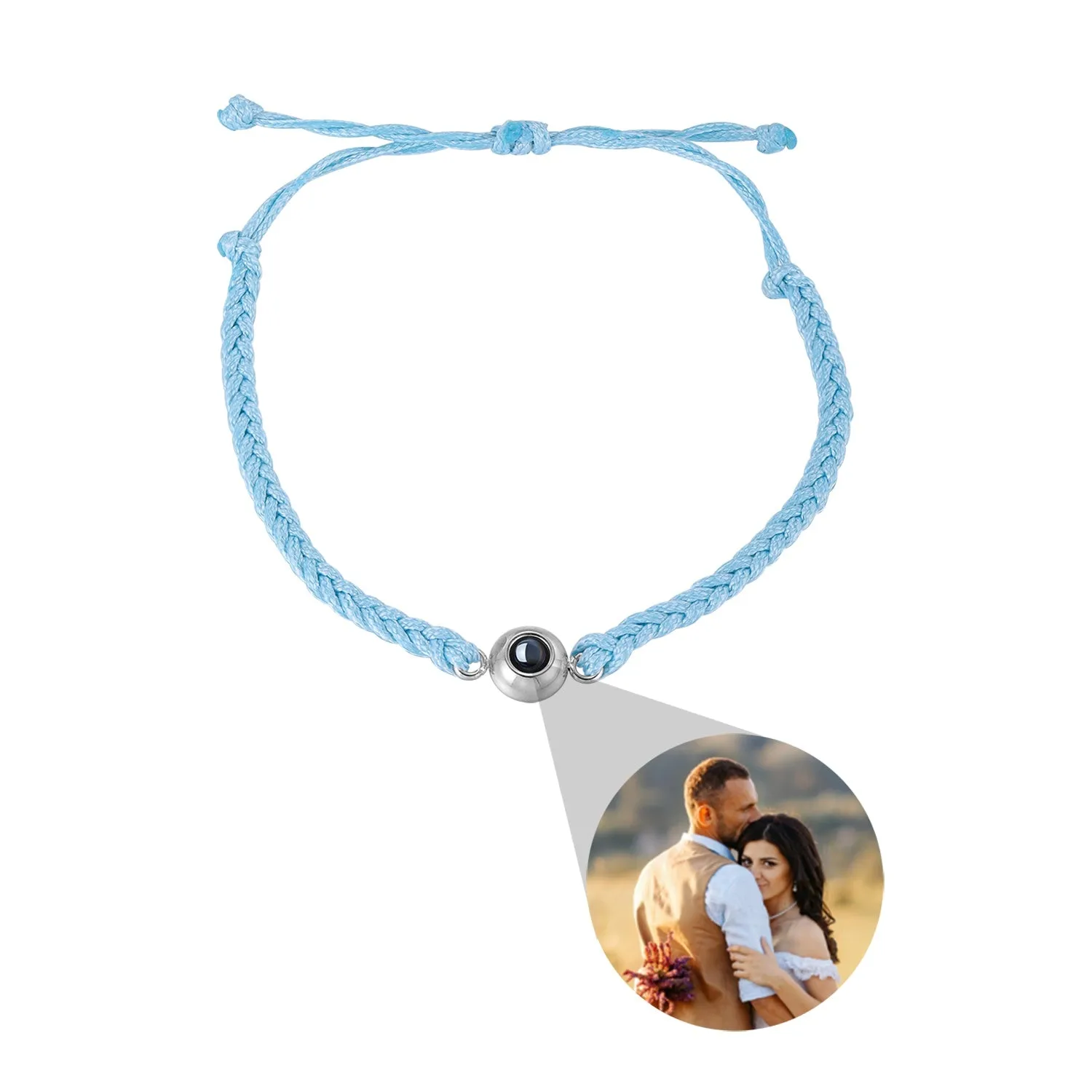 Handcrafted custom photo projection bracelet in silver with white rope, featuring alloy pendant with gold-plated inlaid artificial gemstones