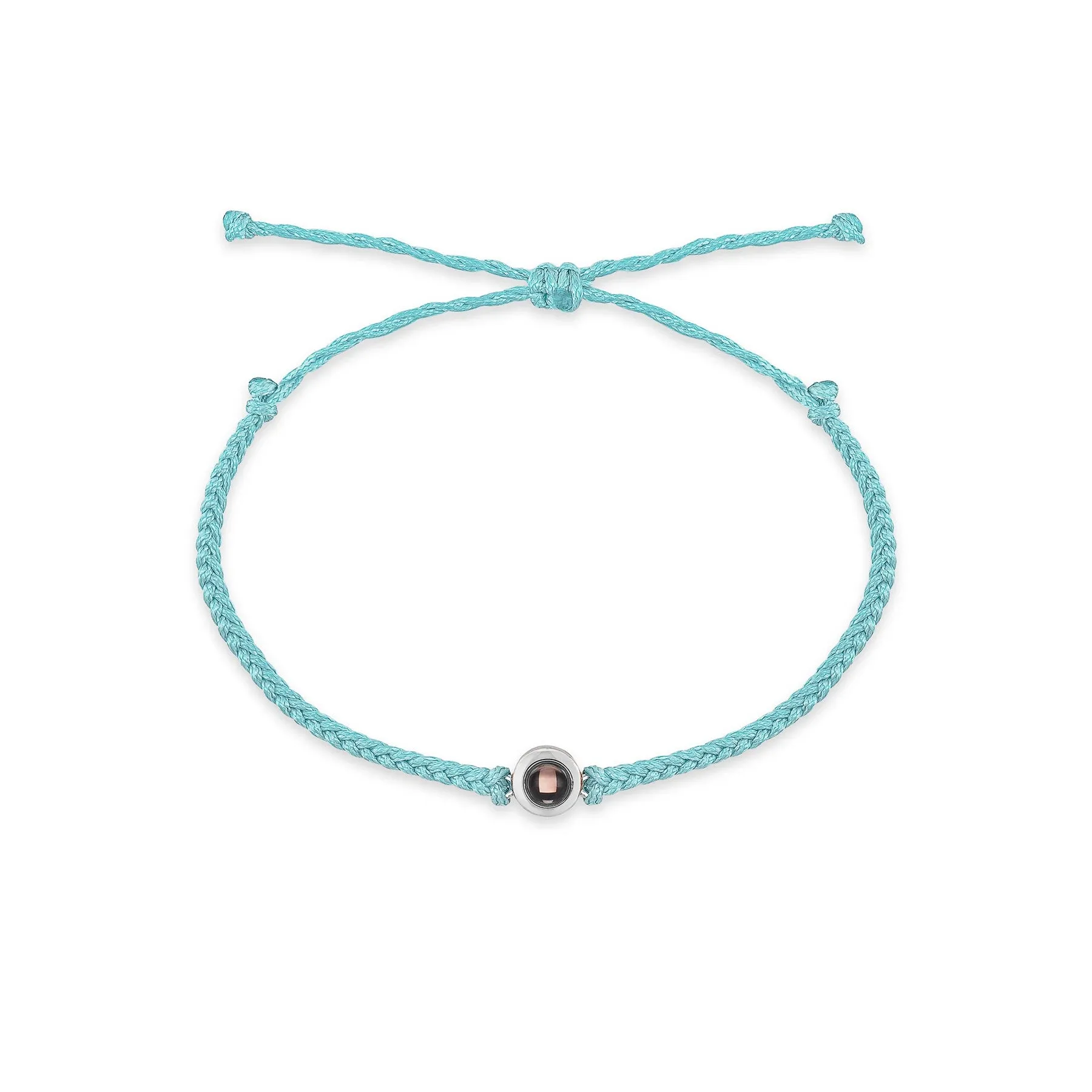 Handcrafted custom photo projection bracelet in silver with white rope, featuring alloy pendant with gold-plated inlaid artificial gemstones