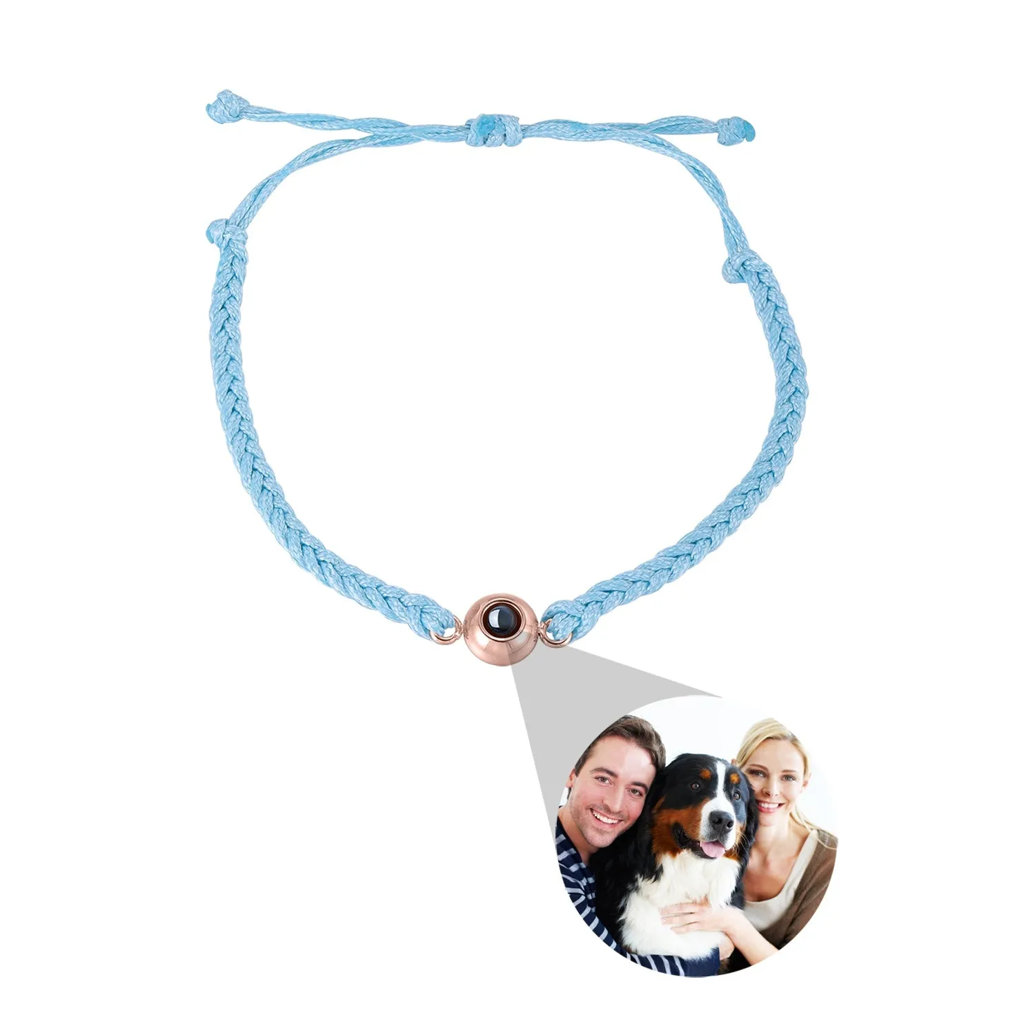 Handcrafted custom photo projection bracelet in silver with white rope, featuring alloy pendant with gold-plated inlaid artificial gemstones