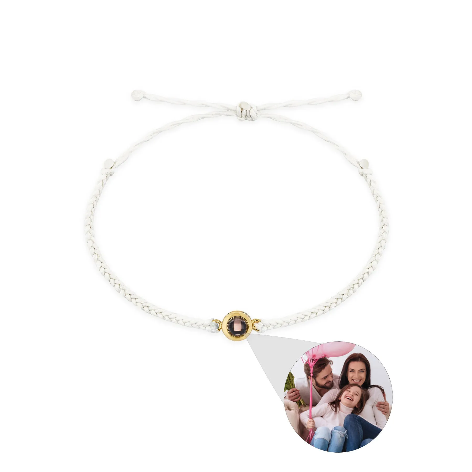 Handcrafted custom photo projection bracelet in silver with white rope, featuring alloy pendant with gold-plated inlaid artificial gemstones