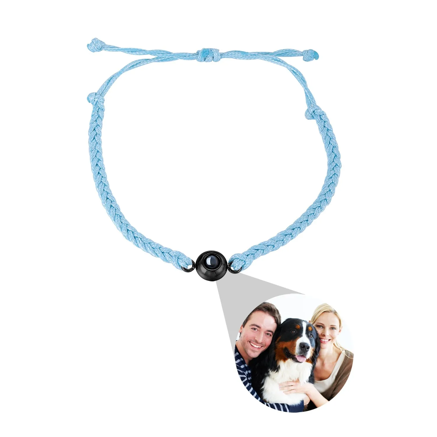 Handcrafted custom photo projection bracelet in silver with white rope, featuring alloy pendant with gold-plated inlaid artificial gemstones