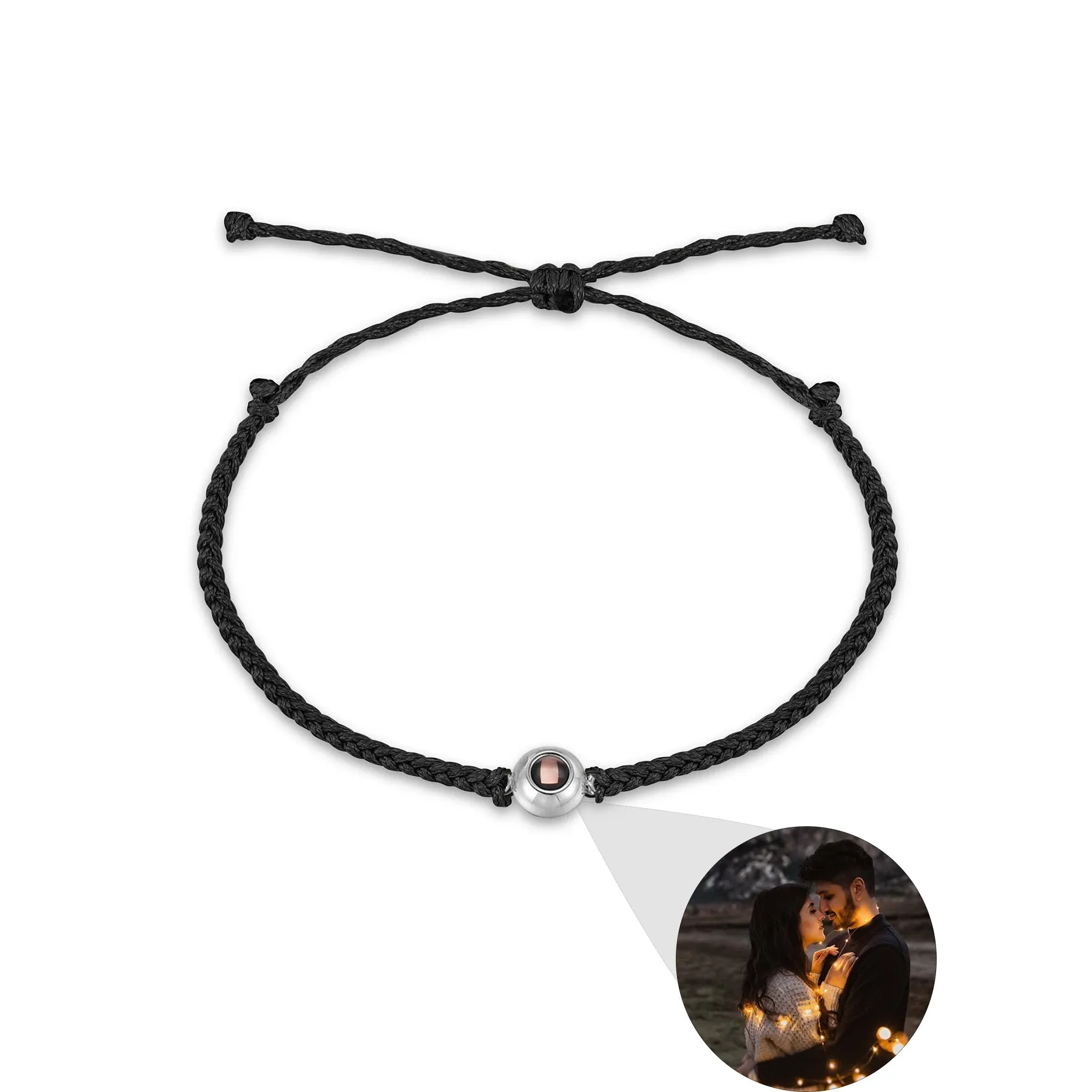 Handcrafted custom photo projection bracelet in silver with white rope, featuring alloy pendant with gold-plated inlaid artificial gemstones