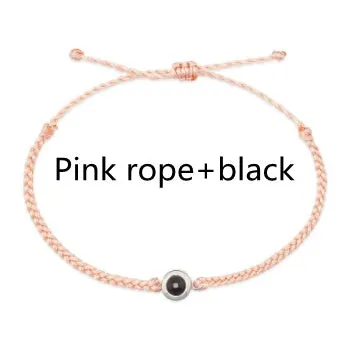 Handcrafted custom photo projection bracelet in silver with white rope, featuring alloy pendant with gold-plated inlaid artificial gemstones