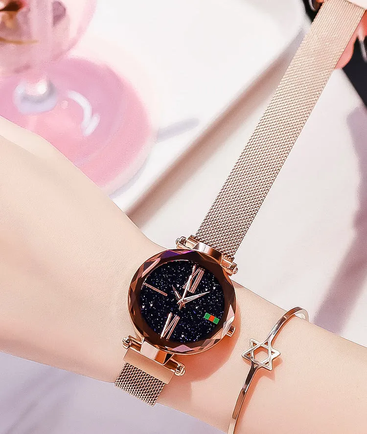 Starry Sky women's watch with magnetic mesh strap, alloy case, and glass surface, 34mm diameter