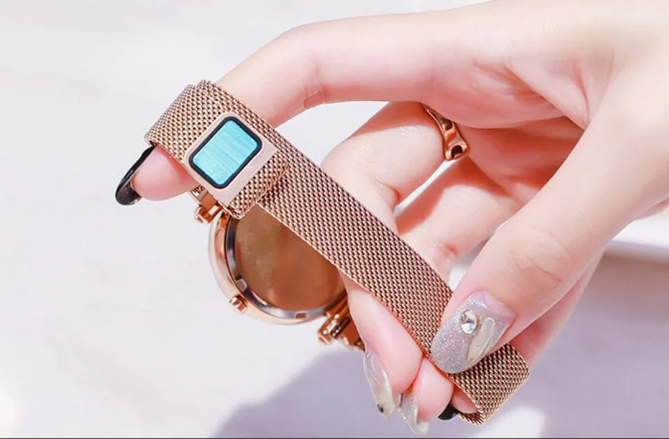Starry Sky women's watch with magnetic mesh strap, alloy case, and glass surface, 34mm diameter