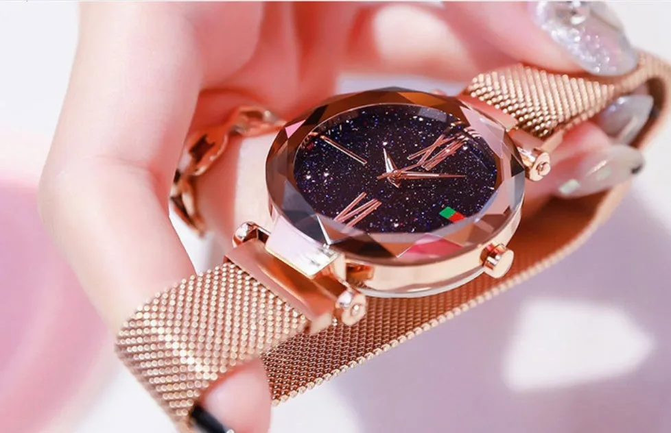 Starry Sky women's watch with magnetic mesh strap, alloy case, and glass surface, 34mm diameter