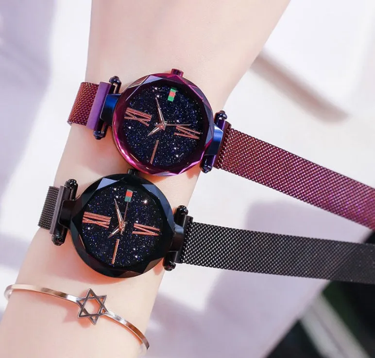 Starry Sky women's watch with magnetic mesh strap, alloy case, and glass surface, 34mm diameter