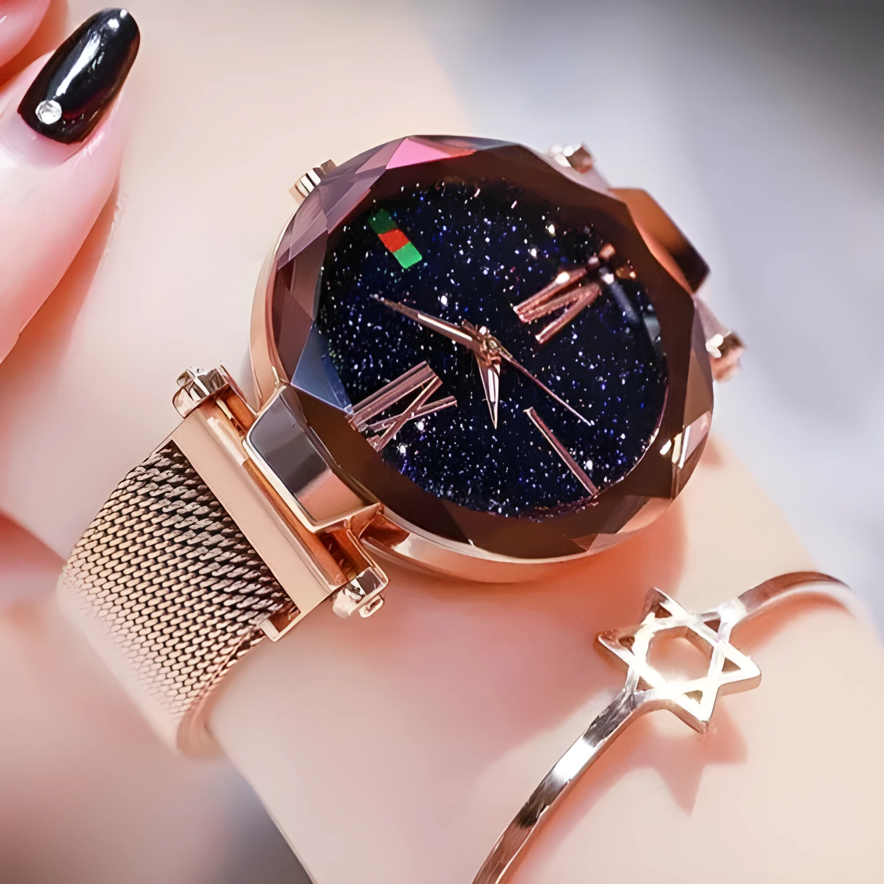 Starry Sky women's watch with magnetic mesh strap, alloy case, and glass surface, 34mm diameter