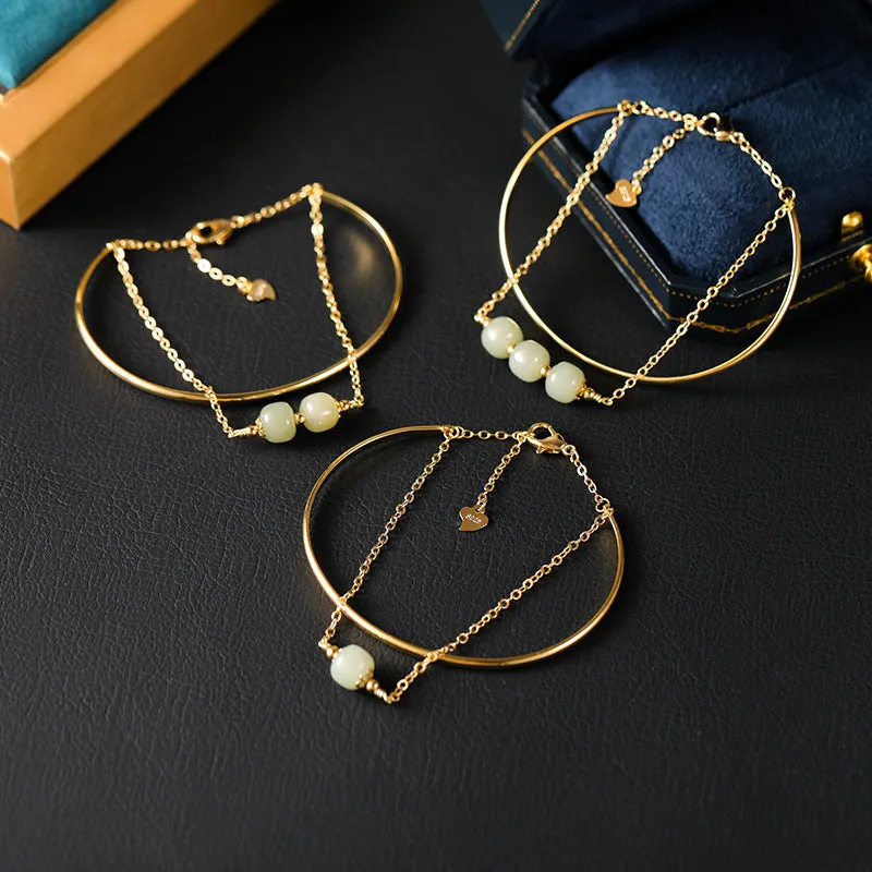 Women's jade lucky beads bracelet with gold inlay treatment showing single, double, and three beads versions