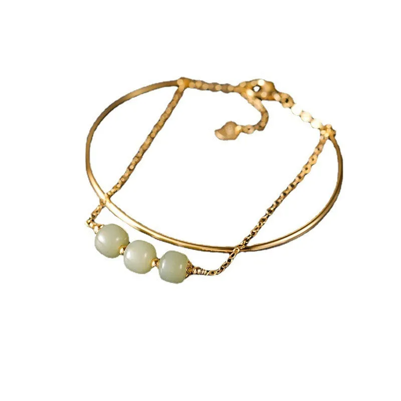 Women's jade lucky beads bracelet with gold inlay treatment showing single, double, and three beads versions