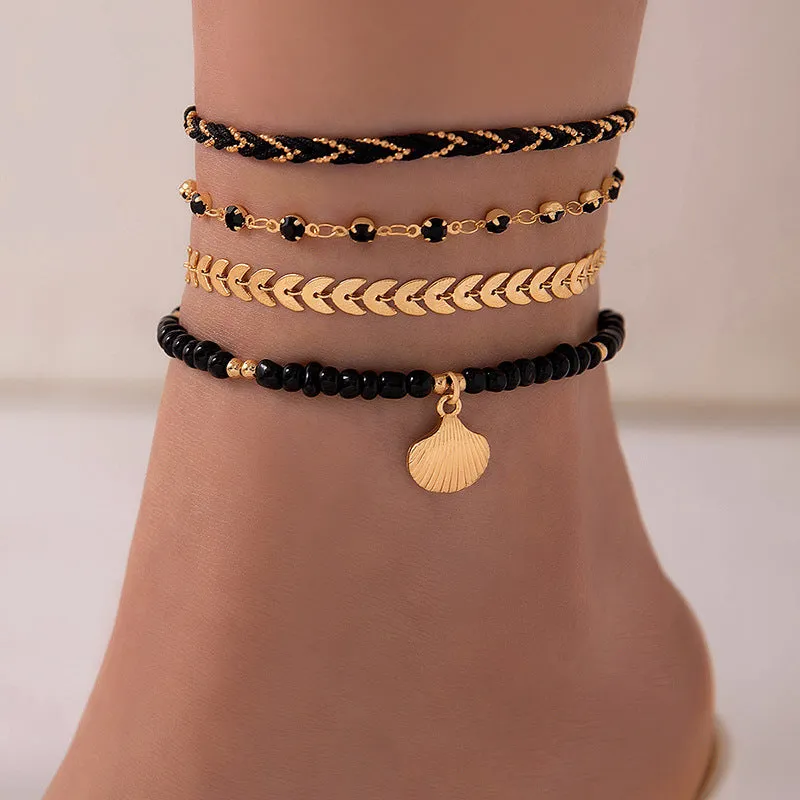 4pcs bohemian woven rope foot chain set with geometric alloy black beads and dropping oil in Style21255