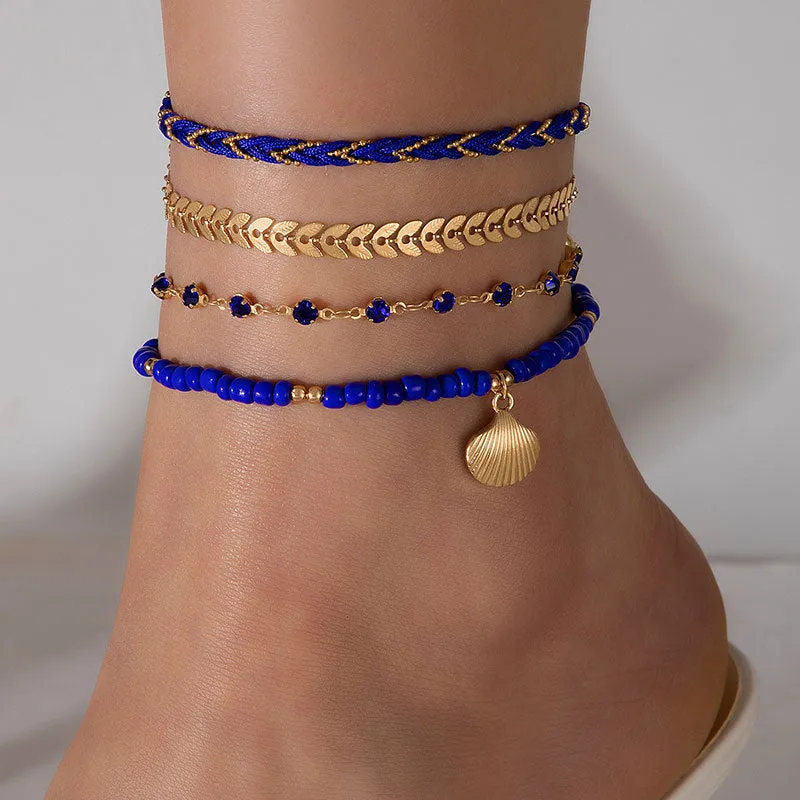 4pcs bohemian woven rope foot chain set with geometric alloy black beads and dropping oil in Style21255