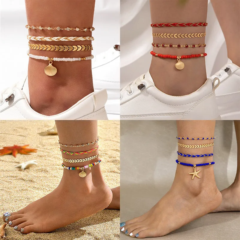 4pcs bohemian woven rope foot chain set with geometric alloy black beads and dropping oil in Style21255