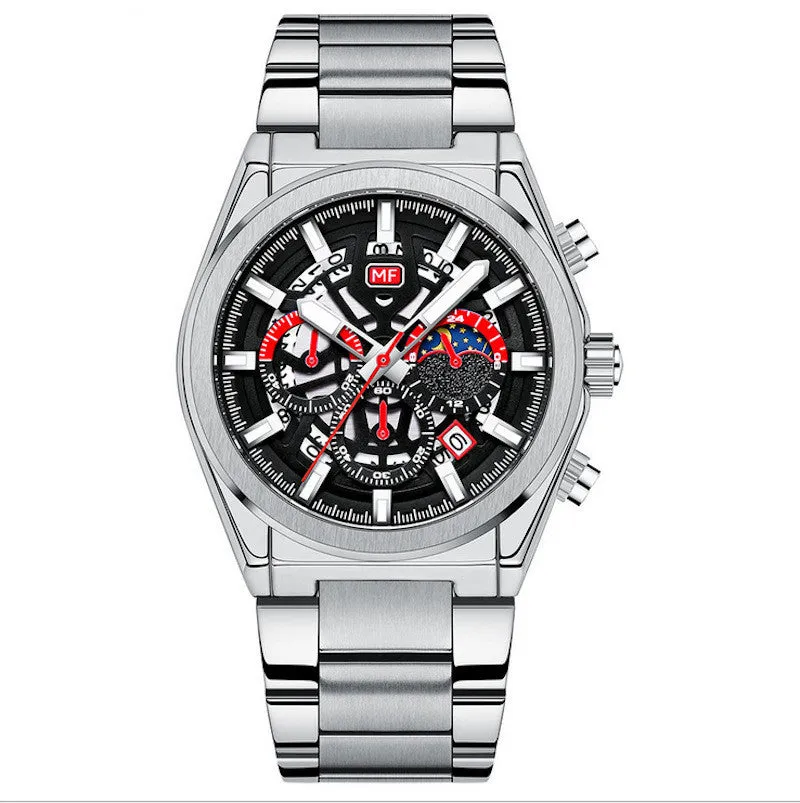 Men's business watch with quartz movement, luminous dial, calendar, 35.5mm diameter, and 30M waterproof rating