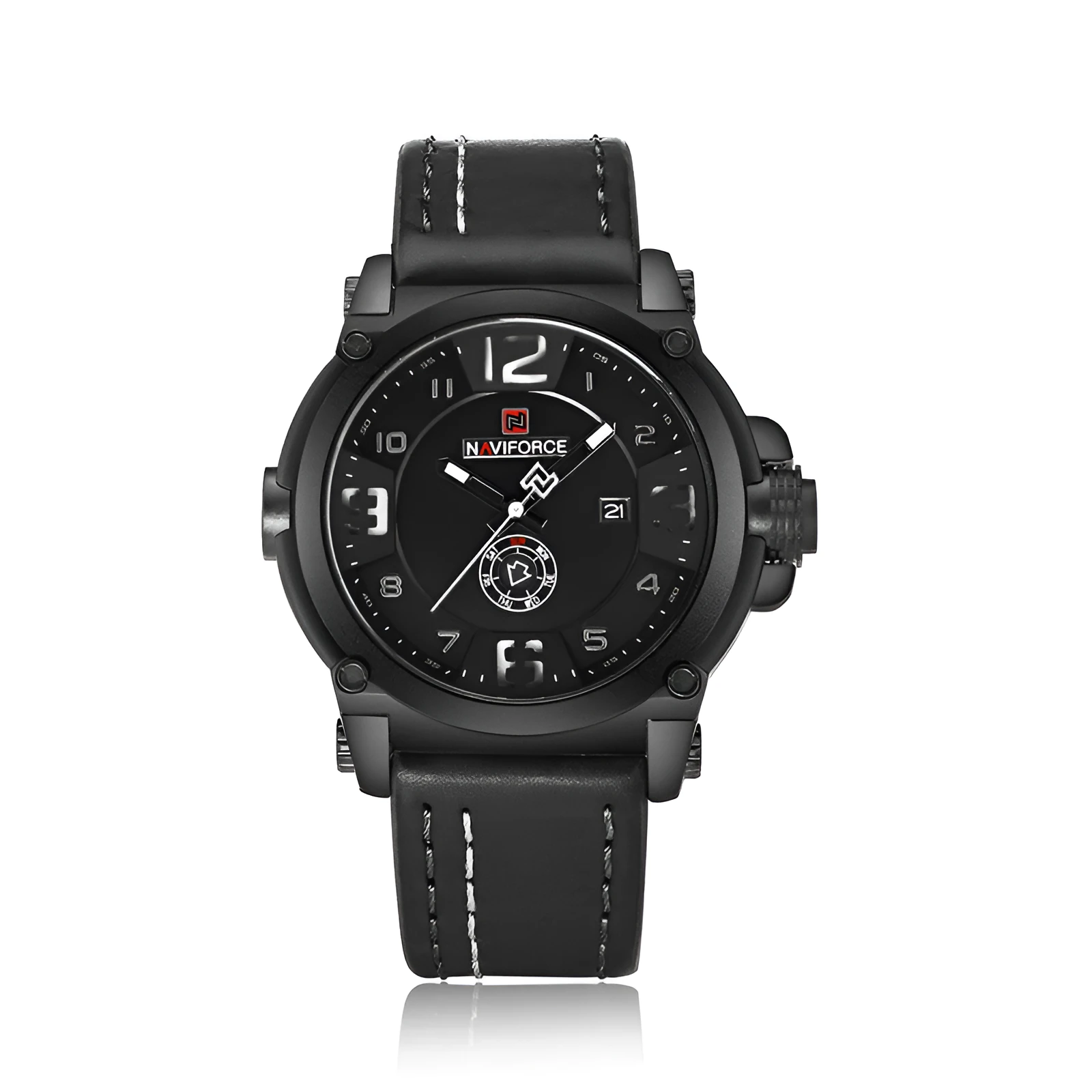 Men's calendar quartz watch with 45mm dial, alloy case, mineral glass, 30M water resistance, black shell black face