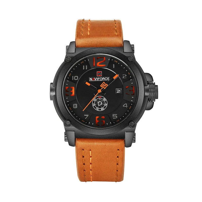 Men's calendar quartz watch with 45mm dial, alloy case, mineral glass, 30M water resistance, black shell black face