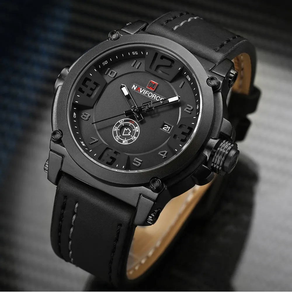 Men's calendar quartz watch with 45mm dial, alloy case, mineral glass, 30M water resistance, black shell black face