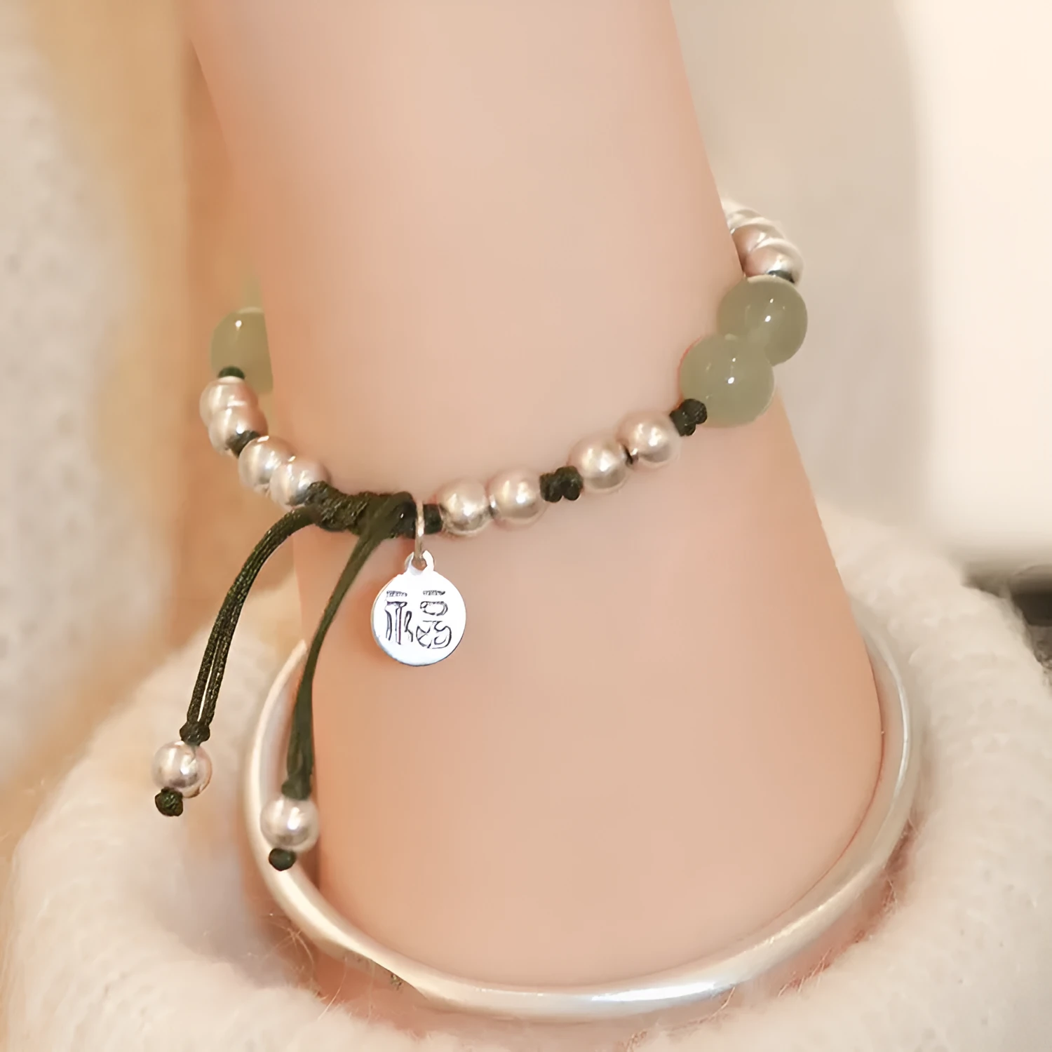 Handmade bamboo bracelet with green Hetian jade beads and 925 silver beads, lotus seedpod design