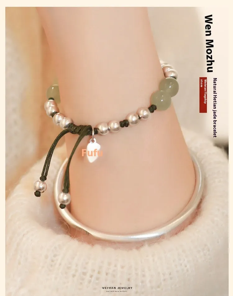 Handmade bamboo bracelet with green Hetian jade beads and 925 silver beads, lotus seedpod design