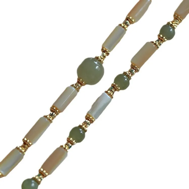 Handmade bamboo bracelet with green Hetian jade beads and 925 silver beads, lotus seedpod design
