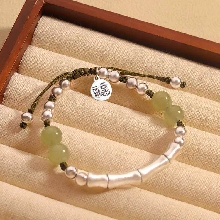 Handmade bamboo bracelet with green Hetian jade beads and 925 silver beads, lotus seedpod design