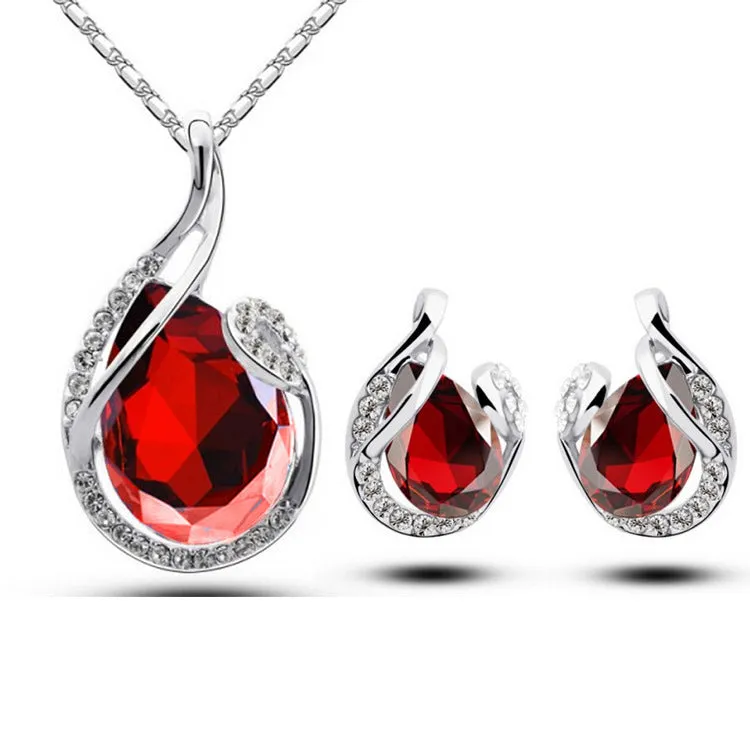 3pcs rhinestone necklace set with earrings, water-drop-shaped alloy electroplated jewellery, blue colour, 21-50cm adjustable chain
