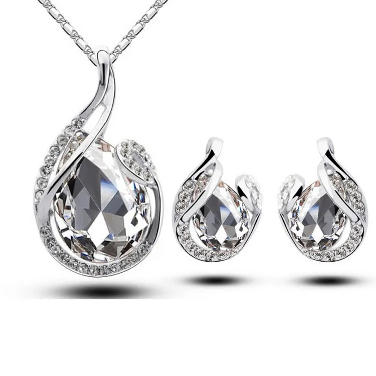 3pcs rhinestone necklace set with earrings, water-drop-shaped alloy electroplated jewellery, blue colour, 21-50cm adjustable chain