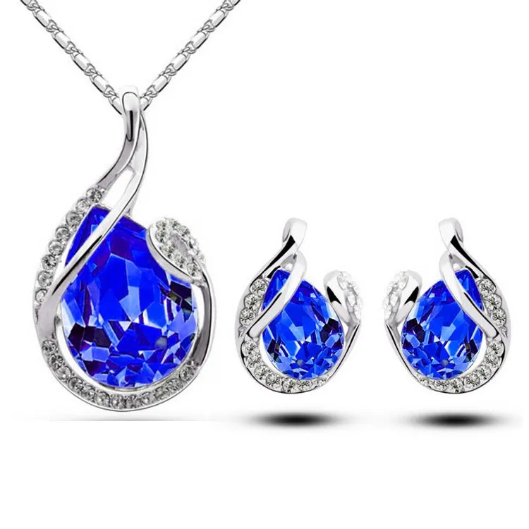 3pcs rhinestone necklace set with earrings, water-drop-shaped alloy electroplated jewellery, blue colour, 21-50cm adjustable chain