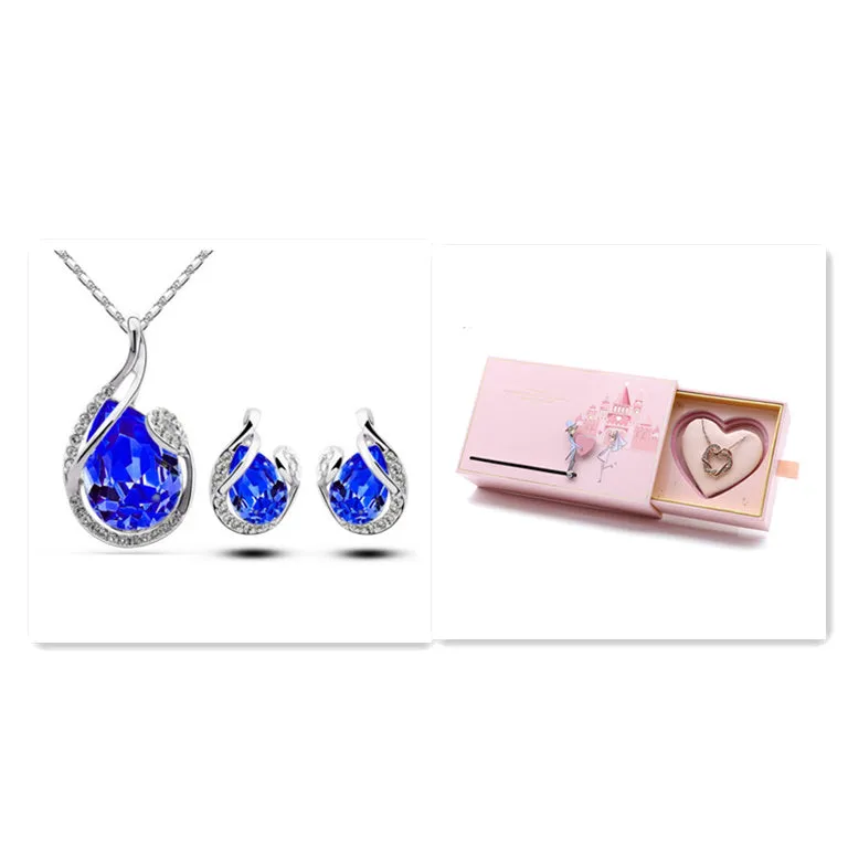 3pcs rhinestone necklace set with earrings, water-drop-shaped alloy electroplated jewellery, blue colour, 21-50cm adjustable chain