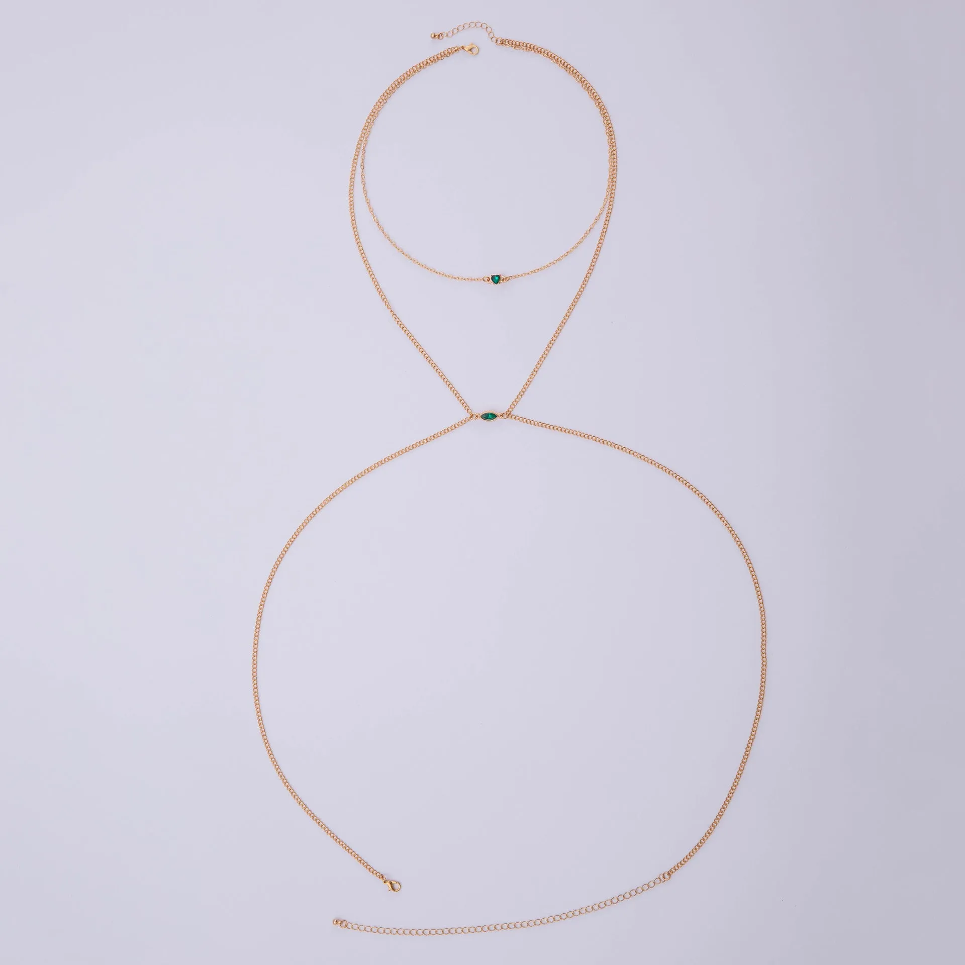 Men's simple gold-toned alloy body chain necklace with electroplated 25729 gold finish on a plain background.