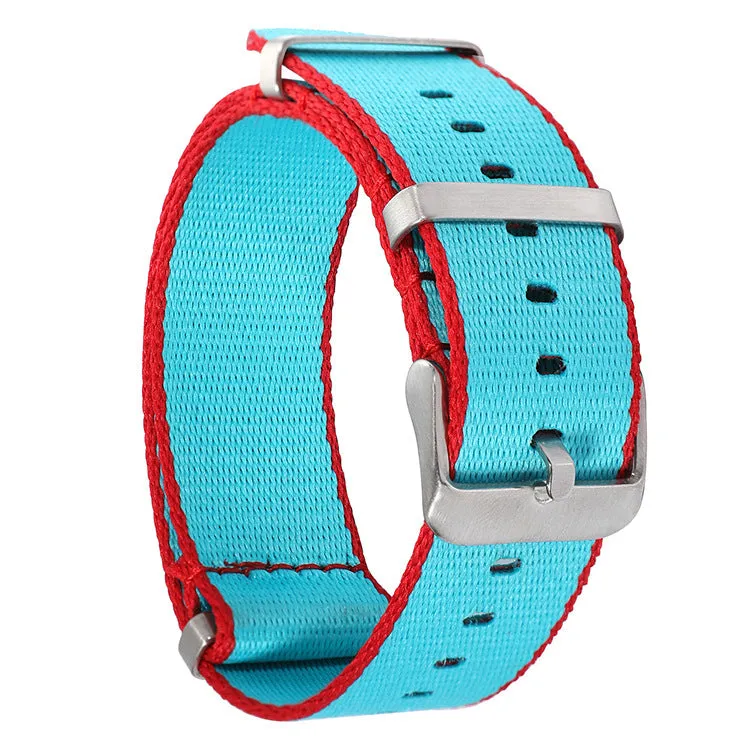 All-match waterproof colour hem nylon watchband in 20mm width on a watch, showing edge accent