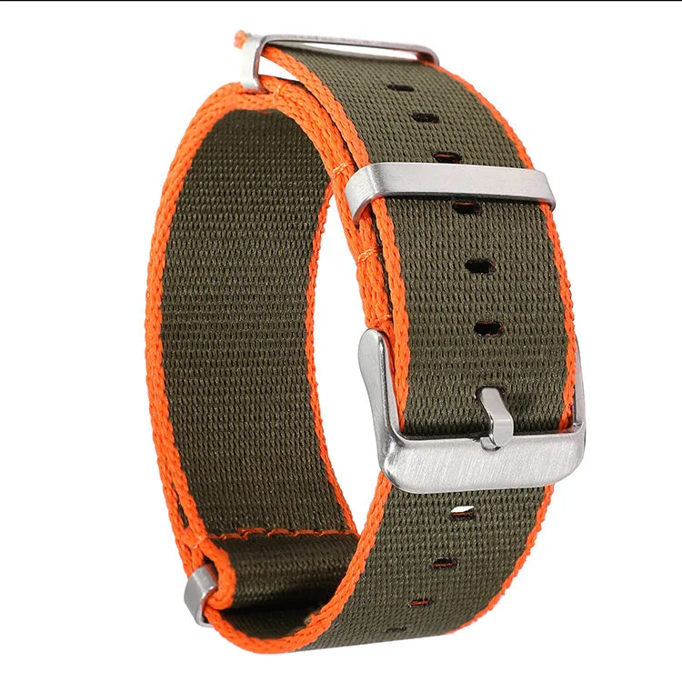 All-match waterproof colour hem nylon watchband in 20mm width on a watch, showing edge accent