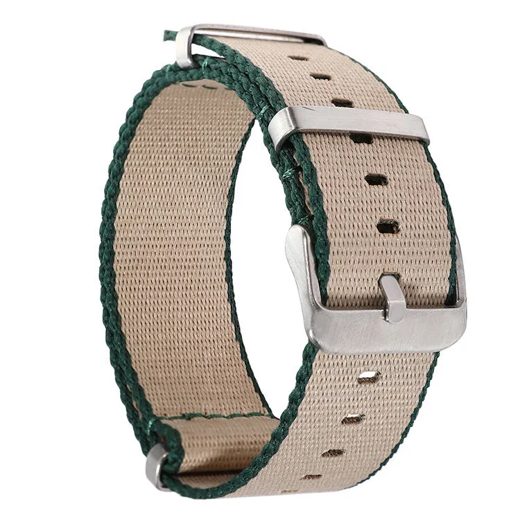All-match waterproof colour hem nylon watchband in 20mm width on a watch, showing edge accent