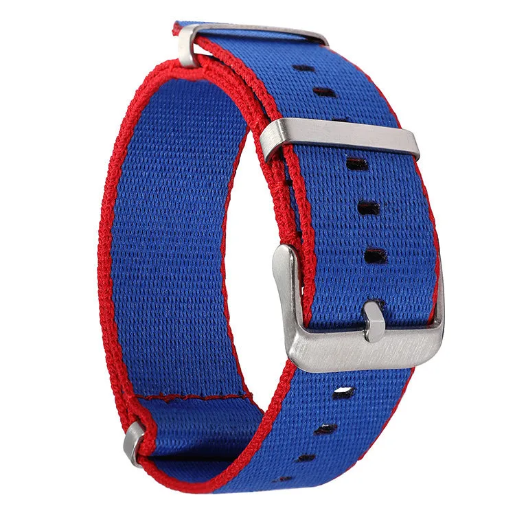 All-match waterproof colour hem nylon watchband in 20mm width on a watch, showing edge accent