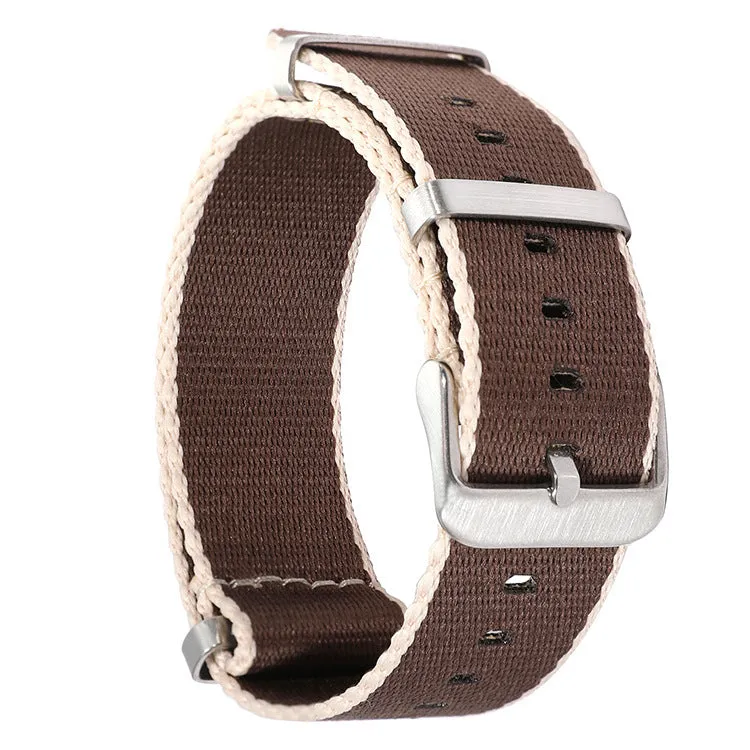 All-match waterproof colour hem nylon watchband in 20mm width on a watch, showing edge accent