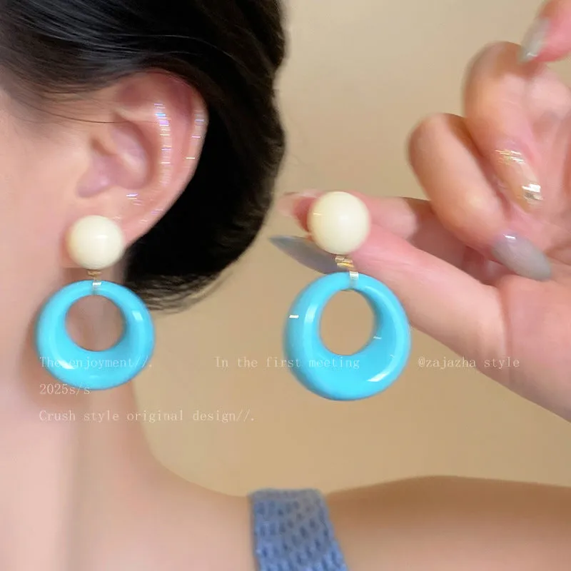 Exaggerated geometric ellipse electroplated mixed material earrings in seaside vacation style, unisex