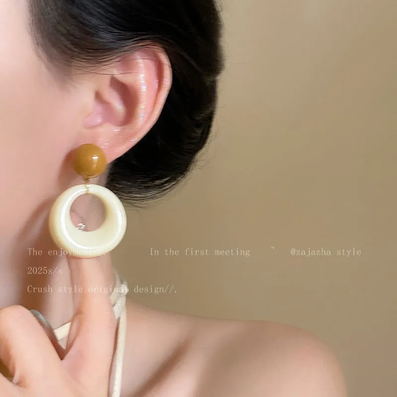 Exaggerated geometric ellipse electroplated mixed material earrings in seaside vacation style, unisex