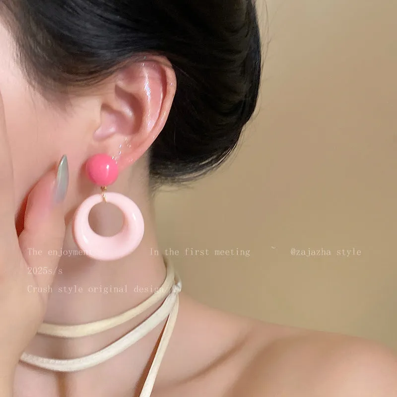 Exaggerated geometric ellipse electroplated mixed material earrings in seaside vacation style, unisex