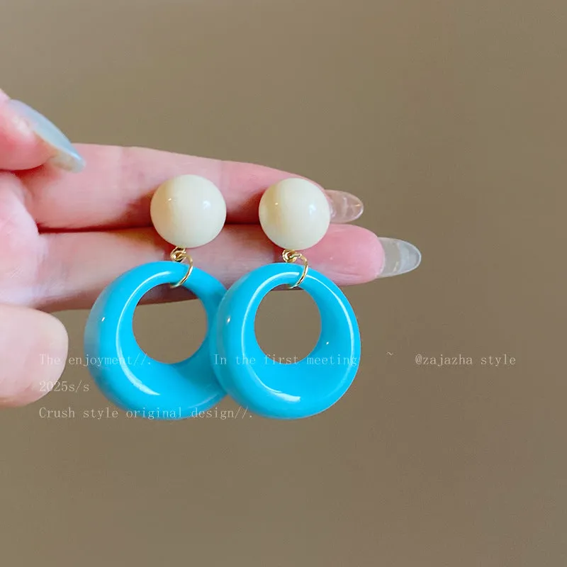 Exaggerated geometric ellipse electroplated mixed material earrings in seaside vacation style, unisex