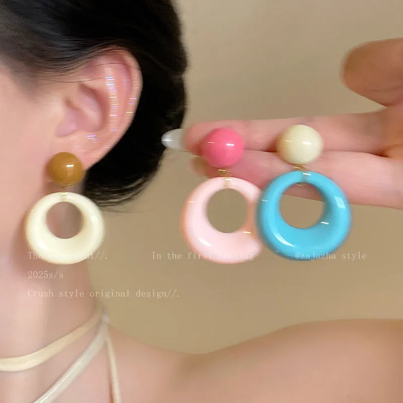 Exaggerated geometric ellipse electroplated mixed material earrings in seaside vacation style, unisex