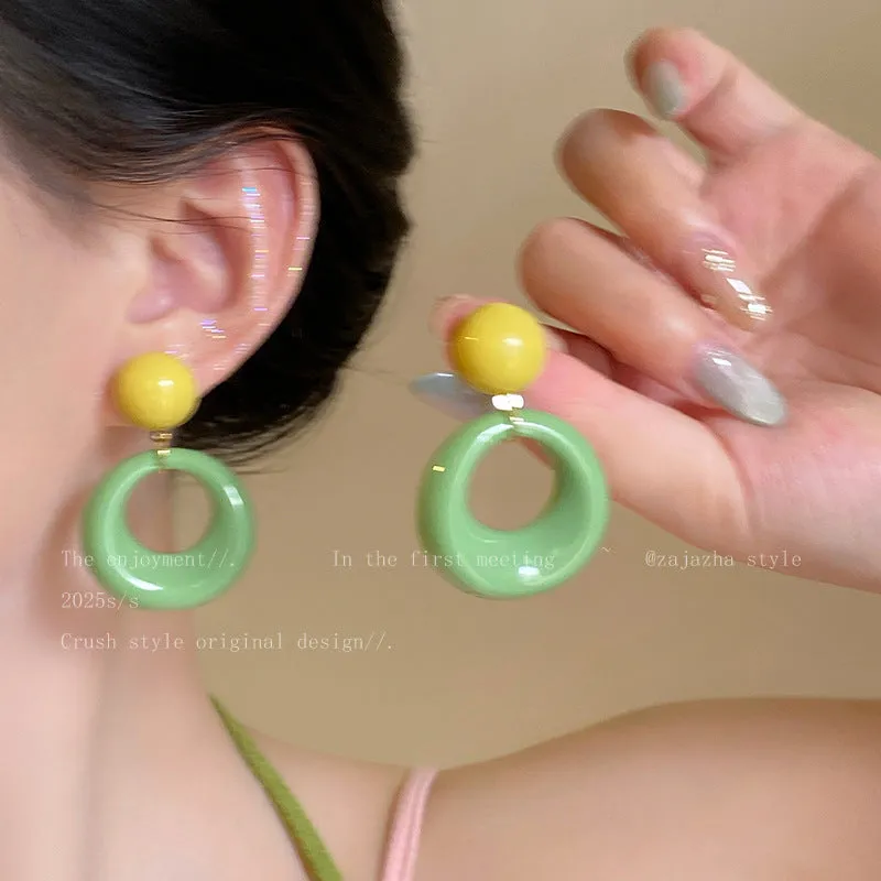 Exaggerated geometric ellipse electroplated mixed material earrings in seaside vacation style, unisex