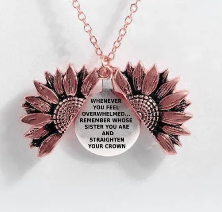Sunflower double-layer lettering alloy pendant necklace with flower open and close design in gold finish