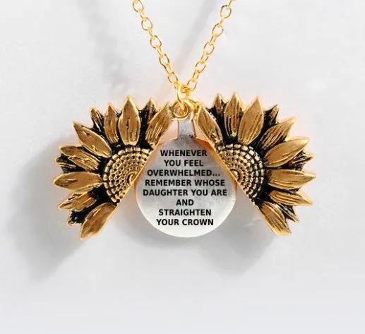 Sunflower double-layer lettering alloy pendant necklace with flower open and close design in gold finish