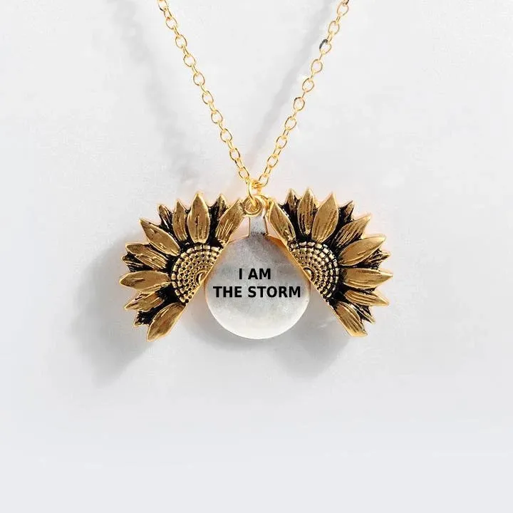 Sunflower double-layer lettering alloy pendant necklace with flower open and close design in gold finish