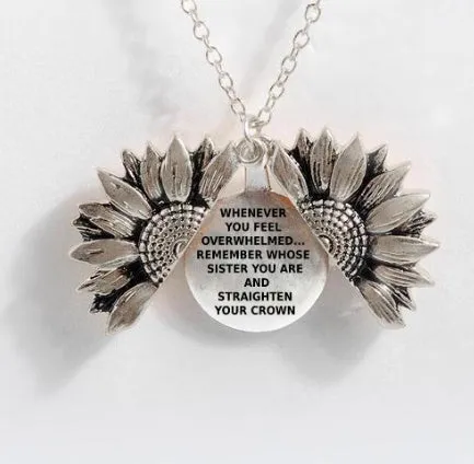 Sunflower double-layer lettering alloy pendant necklace with flower open and close design in gold finish