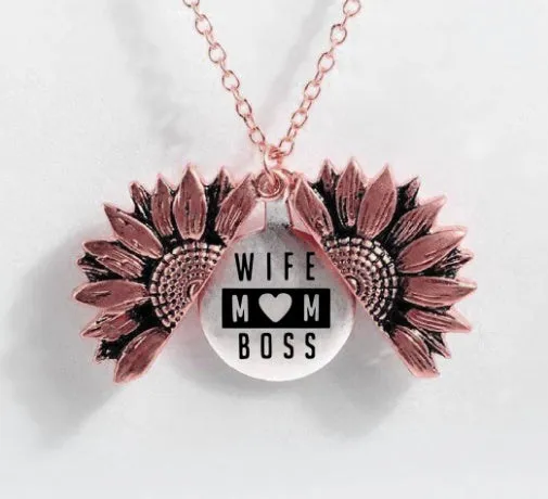 Sunflower double-layer lettering alloy pendant necklace with flower open and close design in gold finish